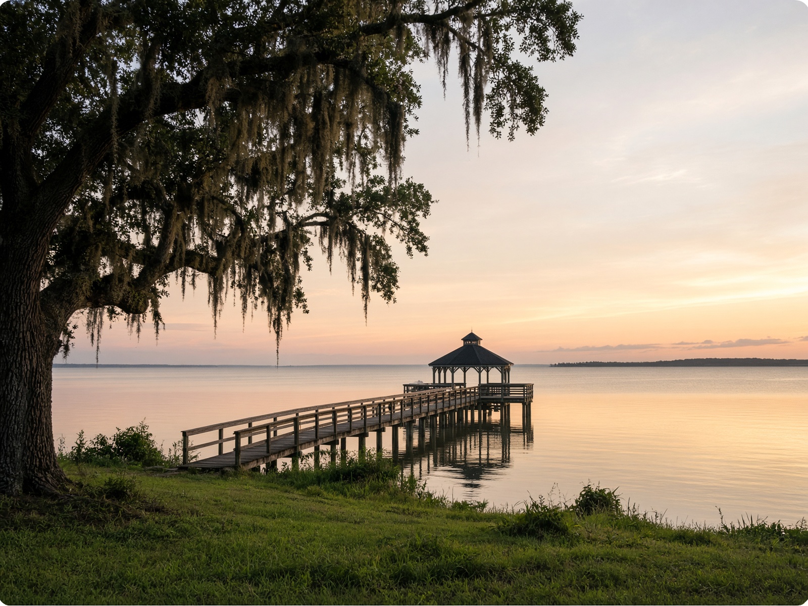 Fairhope, Alabama — weathered pier and gazebo on Mobile Bay at sunrise, live oak with Spanish moss
